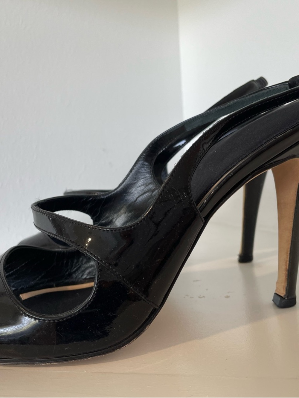 Manolo Blahnik Black Patent Leather Open-Toe Slingback Heels